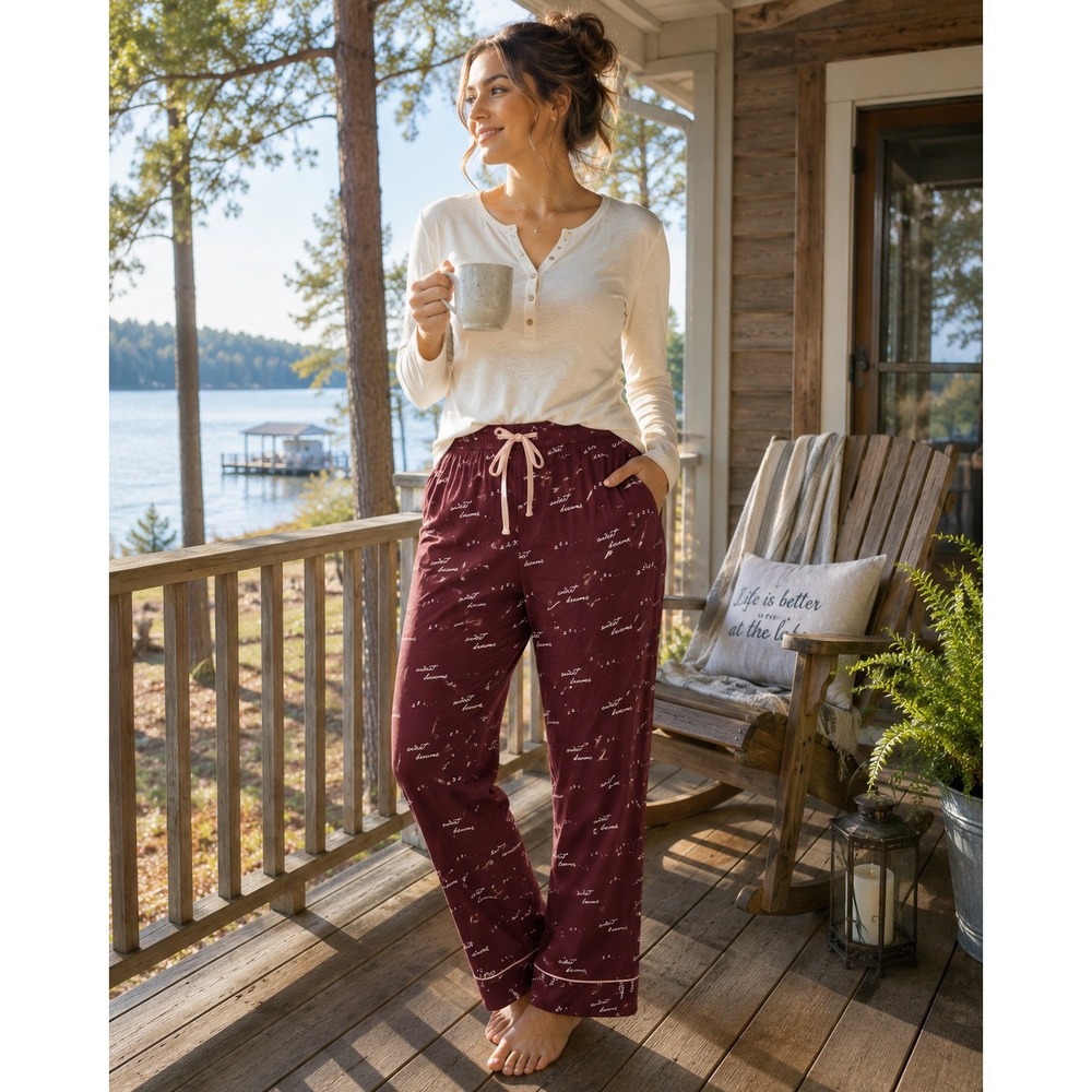 Soma Pajama Pants Women XL Burgundy Sweet Dreams Script Print Drawstring Pockets